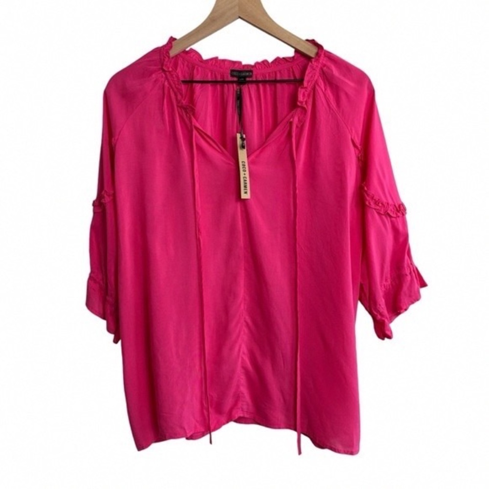 Coco + Carmen Hot Pink Peasant Blouse - Tie Neck